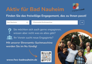Auf blauem Hintergrund wird für die Engagement-Suchmaschine verwiesen. Eine Gruppe Menschen steht zusammen und hält sich im Arm.