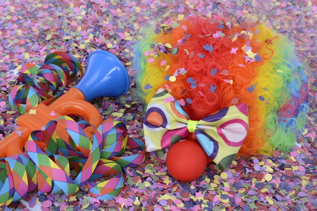 wig, confetti, streamer, multicoloured, clown, fun, colorful, carnival, carneval, clown nose, trumpet, fly, masquerade, clown, clown, clown, clown, clown, carnival, carneval