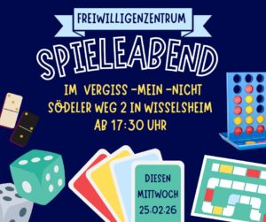 Auf blauem Hintergrund sind verschiedene spiele zusehen und die einladung zum Spieleabend